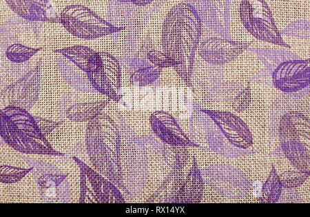 Detailed coarse fabric with illustrated violet leaves texture background Stock Photo