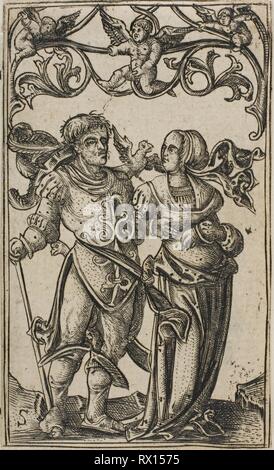 Lady and Gentleman Walking to the Right. Master S; Netherlandish, active 1516-1545. Date: 1500-1525. Dimensions: 67 x 40 mm (image/plate). Engraving in black on ivory laid paper. Origin: Netherlands. Museum: The Chicago Art Institute. Stock Photo