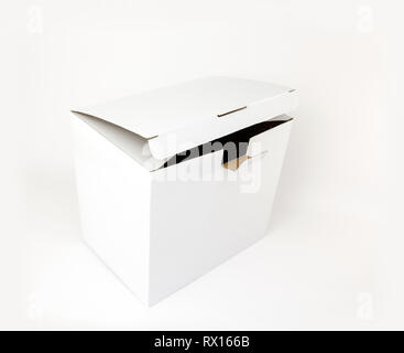 Slightly opened white carton box isolated on white background Stock Photo