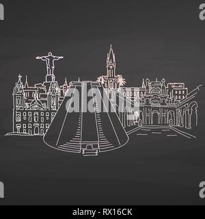 Bright landmarks of of Rio de Janeiro on blackboard. Hand-drawn high quality vector outline drawing. Stock Vector