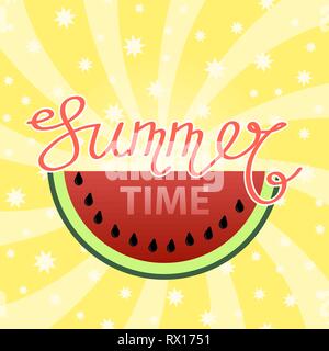 Lettering Summer Time Text with Watermelon on Yellow Swirl Starry Backgground. Hand Sketched Typography Sign Stock Vector