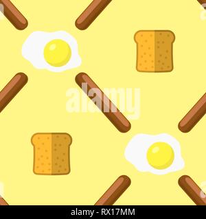 Eggs, Grill Sausages and Bread Seamless Pattern. Fast Food Texture. Stock Vector