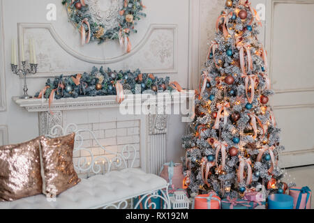 New Year's studio is framed in red and white colors. Festive Christmas