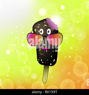 Cartoon Ice Cream Icon with Colored Sunglasses on Summer Yellow Background Stock Vector