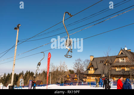 Zakopane,Gubalowka Poland - February 19, 2019. A single ski lift for skiers at the top of Gubalowka mountain in Zakopane. Ski school for children. Stock Photo