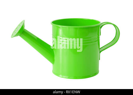 Green watering can, isolated on white background. Stock Photo