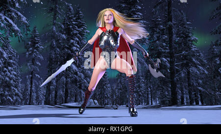 Nordic warrior princess with sword and axe, Norse mythology superhero girl in winter forest, ancient heroine woman, 3D rendering Stock Photo