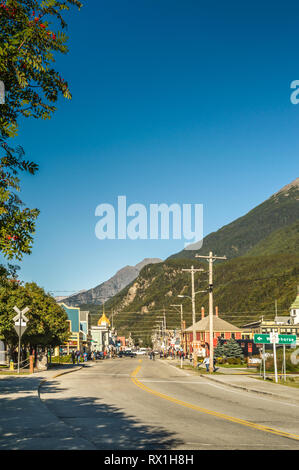 September 15, 2018 - Skagway, AK: Northeast view of town from south end of Braodway Street on a clear sunny day. Stock Photo