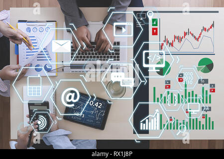 Man using  tablet computer  virtual interface graphic icons network diagram Digital marketing Stock Photo