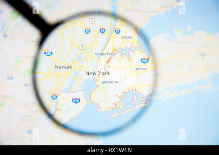 New York city visualization illustrative concept on display screen through magnifying glass