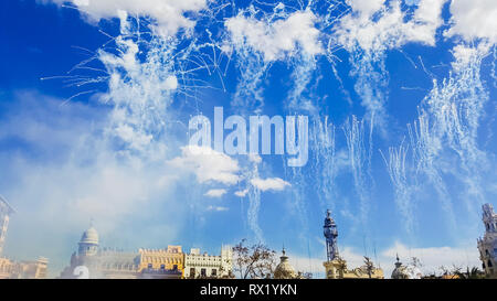 Fireworks fired in a Mascleta Fallas during the day. Stock Photo