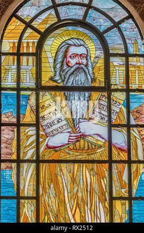 Moses with the tablets of the Law, Stained glass in the Coptic Church in Sharm El Sheik, Egypt, October 31, 2018