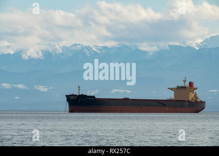 Tanker ship taken in the Straight of Juan de Fuca from Esquimalt Lagoon, Victoria, BC Canada Stock Photo