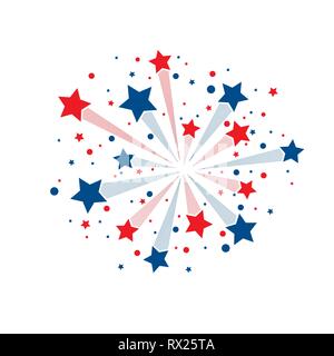 Red and blue abstract lines fireworks with stars and circles isolated on white background Stock Vector