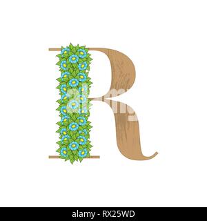 Letter R wooden texture with green leaves and flowers Stock Vector