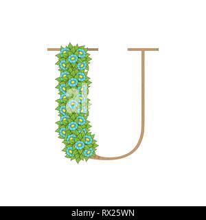 Letter U wooden texture with green leaves and flowers Stock Vector