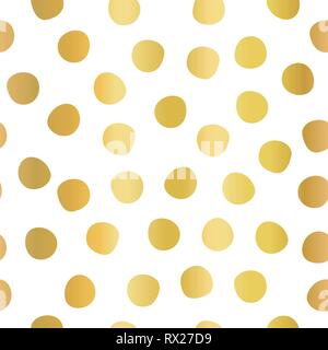 Hand drawn polka dots gold foil on white seamless vector background. Golden circles repeating pattern. Elegant backdrop. Use for invitation Stock Vector
