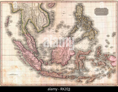 Pinkerton's extraordinary 1818 map of the East Indies. Covers from Burma south to Java and from the Andaman Islands eastward as far as the Philippines and New Guinea. Includes the entire Malay Peninsula, much of Southeast Asia (Thailand, Cambodia, Vietnam), Sumatra, Java, Borneo and the Philippines. Stock Photo