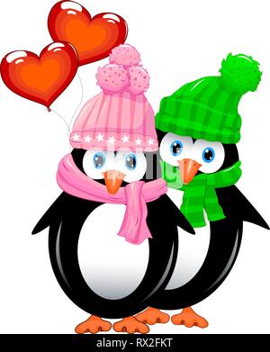 Two penguins with heart shaped balloons. Penguins on a white background. Stock Vector