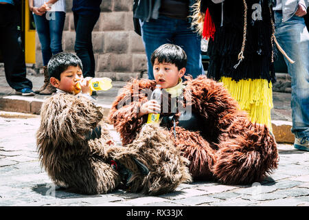 Two boys sitting on the street wearing bear costume drinking soda on a hot sunny day. One boy drinking while the other one watches him surprised. Stock Photo