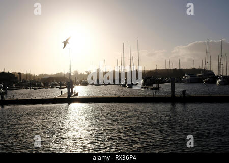 Yarmouth Harbour on the Isle of Wight, looking west as the sun is setting, glowing orange in the sky as a single seagull takes flight. Stock Photo