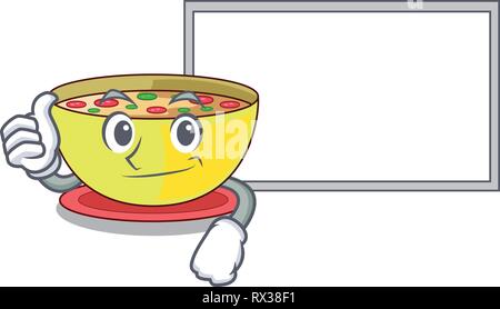 Thumbs up with board corn chowder in a cartoon bowl Stock Vector
