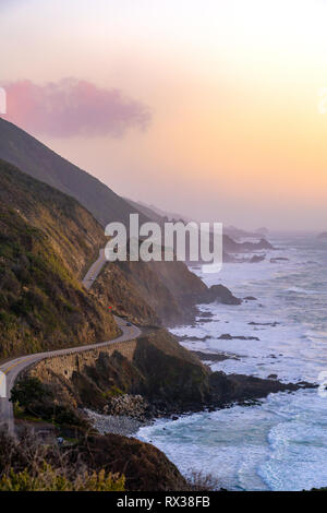 Big Sur, California - Vista view of the famous Highway One coastal highway along the Pacific coast during sunset. Stock Photo