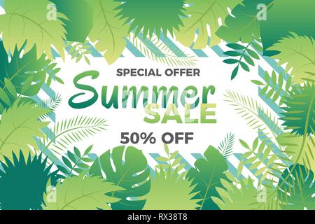 Summer sale banner with leafs Vector illustration Stock Vector