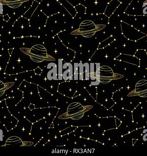 Hand drawn seamlesss pattern with gold zodiac constellations and moons on the black background. Cosmic  backdrop. Stock Vector
