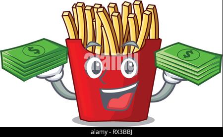 A cute cartoon french fry bag with a face on white background