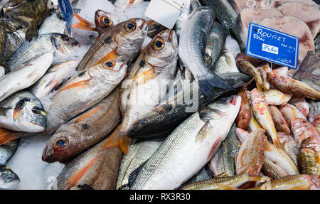 Sanary sur Mer - September 2018: Fresh fish on sale in the market of Sanary sur Mer, France Stock Photo