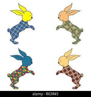 Set of four small little ornamental Bunnies isolated on the white background, hand drawing vector illustration Stock Vector