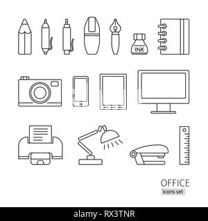 Outline icon set. Office supplies, printer, lamp, pen, pencil, computer, phone, stapler Stock Vector