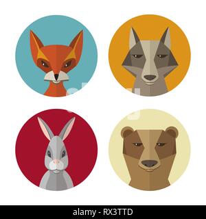 Forest animals rabbit, fox, wolf, bear flat design vector icon set Stock Vector