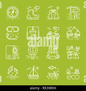 Eco tourism icons set on green background. Collection of line style design element. Can be used for web page, banner, infographics Stock Vector