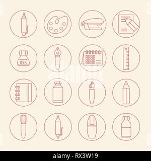 Collection of line style stationery icons on beige background. School and office equipment. Vector illustration Stock Vector