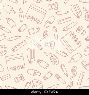 Seamless pattern with stationery design element. Various school supplies and stationery on gray background. Stock Vector