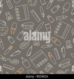 Seamless pattern with stationery design element. Various school supplies and stationery on gray background. Stock Vector