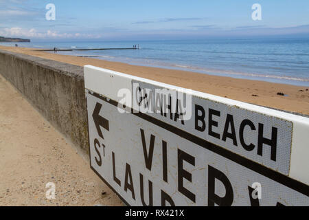 Road sign on Omaha Beach between Vierville and St Laurent, Normandy, France. Stock Photo