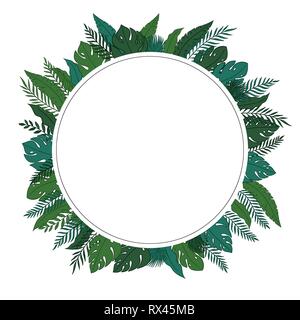 Tropical jungle leaves frame border with a blank circle space for a text, logo, or product designs. View from above. Hand drawn vector illustration. Stock Vector