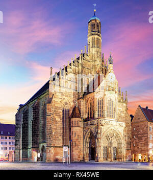 Nuremberg, cathedral Frauenkirche in Hauptmarkt wtih rainbow, Bavaria, Germany