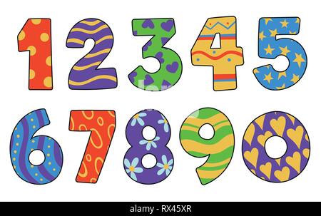 Set of bold numbers collection. Colorful decoration. Hand drawn numbers vector illustration. Stock Vector