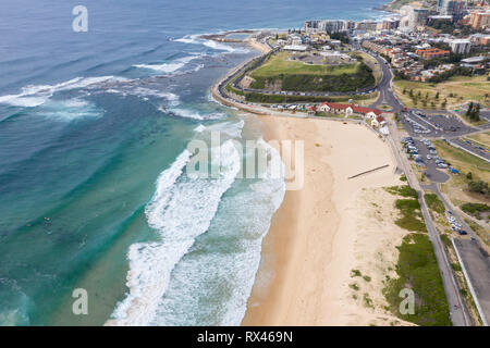 Aerial view of Nobbys Beach - Newcastle Australia. Nobbys beach is one of Newcastle most famous beaches. Newcastle - NSW Australia Stock Photo