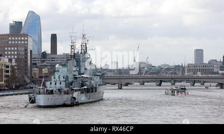 London, United Kingdom - Februari 20, 2019: HMS Belfast battleship moored on the River Thames Stock Photo