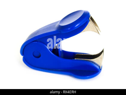 Blue plastic isolator for paper clips isolated on a white background Stock Photo
