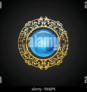 Blue emerald luxury jewelry emblem vector design. Vintage gold logo Elements. Stock Vector