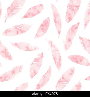 Hand painted vector feathers seamless pattern on white background. Textured pink boho decoration. Pastel ornament for wrapping paper, fabrics and text Stock Vector