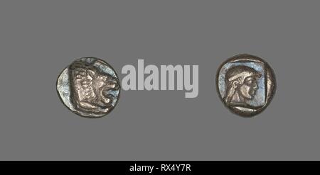 Drachm (Coin) Depicting Lion. Greek. Date: 500 BC-480 BC. Dimensions: Diam. 1.6 cm; 6.21 g. Silver. Origin: Knidos. Museum: The Chicago Art Institute. Author: ANCIENT GREEK. Stock Photo