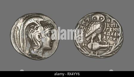 Tetradrachm (Coin) Depicting the Goddess Athena. Greek. Date: 163 BC. Dimensions: Diam. 3 cm; 16.05 g. Silver. Origin: Athens. Museum: The Chicago Art Institute. Author: ANCIENT GREEK. Stock Photo