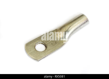 Tinned copper terminal for electrical work in isolation on a white background Stock Photo